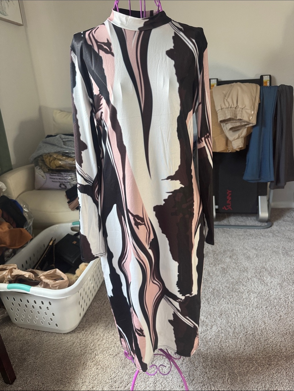 Shein Pink, Black & White Abstract Midi Dress